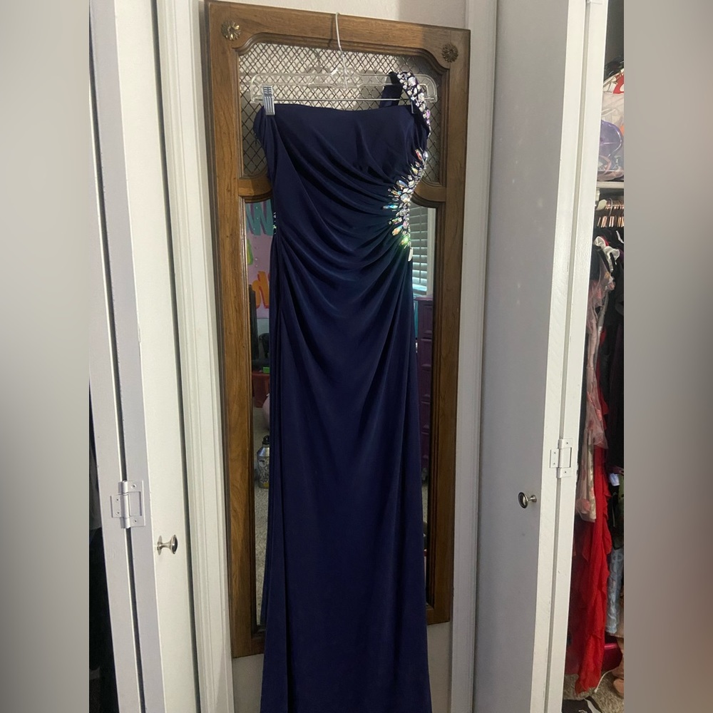 Navy Blue formal gown with jewels. One shoulder and open back.